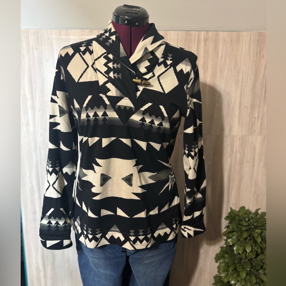 Chaps Black and Cream Patterned Turtleneck Sweater 100% Cotton